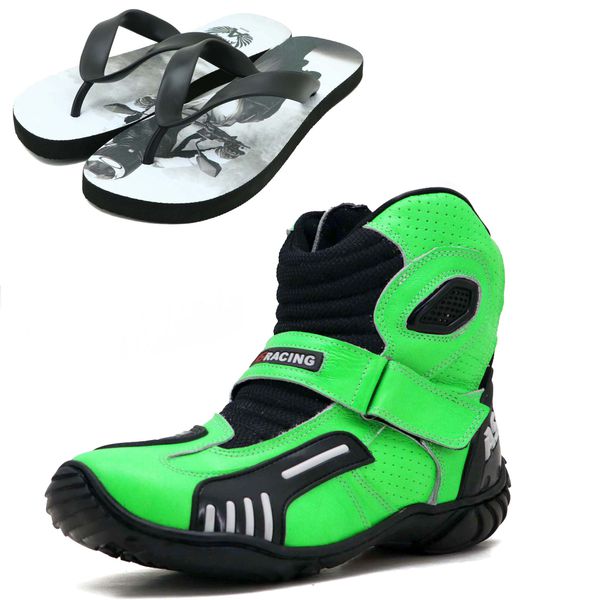 KIT CHINELO BOTA MOTOCICLISTA AS-RACING VENTED EM COURO LEGÍTIMO NA COR VERDE 406