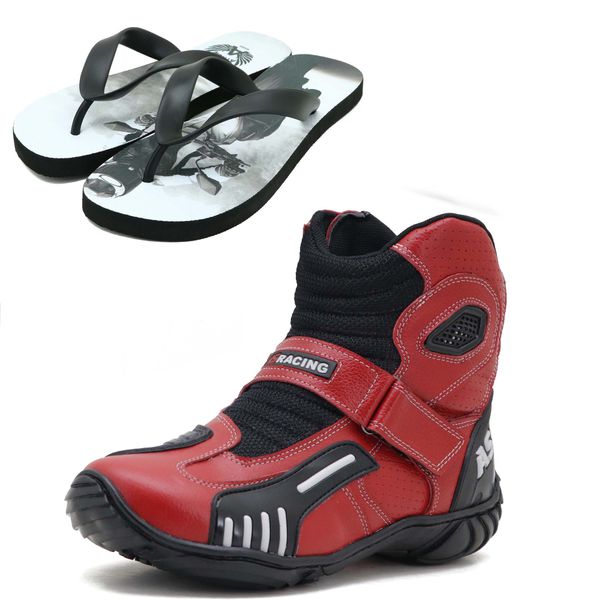 KIT CHINELO BOTA MOTOCICLISTA AS-RACING VENTED EM COURO LEGÍTIMO NA COR VERMELHA 406