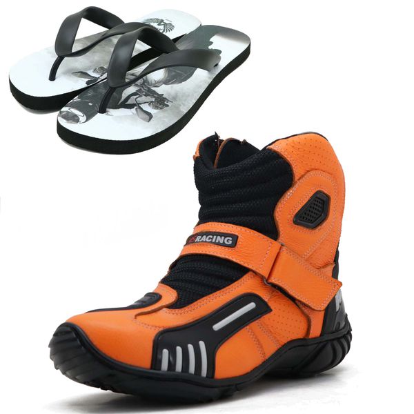KIT CHINELO BOTA MOTOCICLISTA AS-RACING VENTED EM COURO LEGÍTIMO NA COR LARANJA 406
