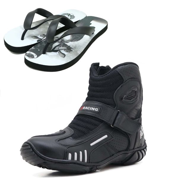KIT CHINELOBOTA MOTOCICLISTA AS-RACING RESPIRÁVEL EM COURO LEGÍTIMO NA COR PRETA 406