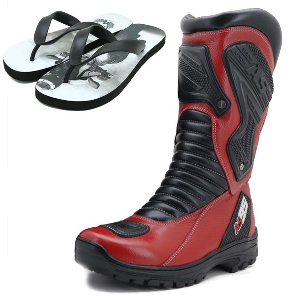 KIT CHINELO BOTA MOTOCICLISTA AS95-PRO EM COURO LEGÍTIMO NA COR VERMELHA 405