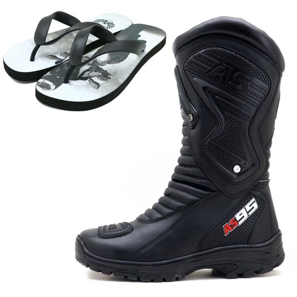 KIT CHINELO BOTA MOTOCICLISTA AS95-PRO EM COURO LEGÍTIMO NA COR PRETA 405