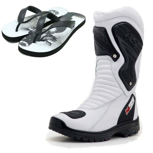 KIT CHINELO BOTA MOTOCICLISTA AS95-PRO EM COURO LEGÍTIMO NA COR BRANCA 405