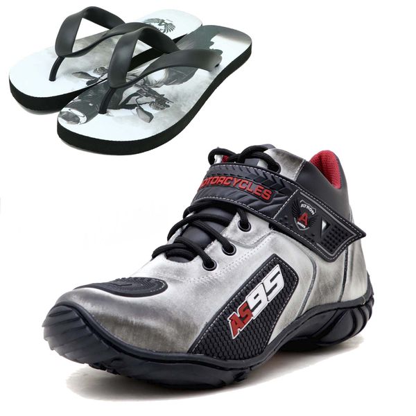 KIT CHINELO TÊNIS PARA MOTOCICLISTA NA COR ASFALTO EM COURO LEGÍTIMO 403