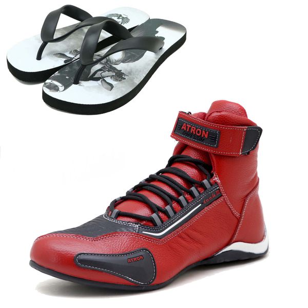 KIT CHINELO Sapatilha para kart cano alto em couro legítimo nas cores vermelho e preto 311