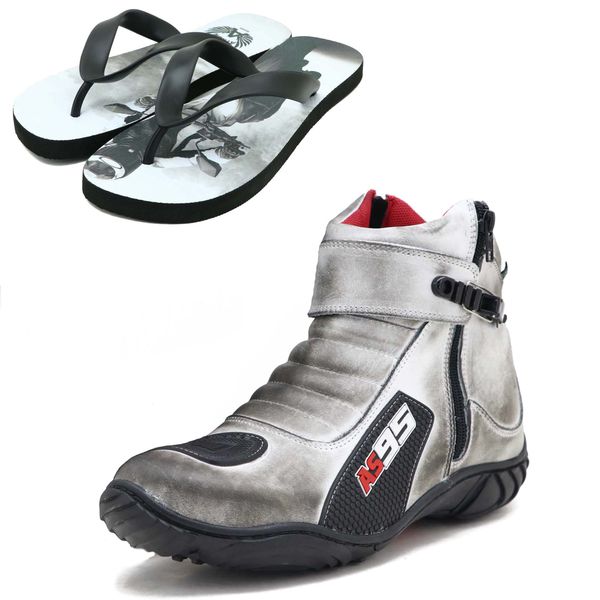KIT CHINELO BOTA MOTOCICLISTA AS95 EM COURO LEGÍTIMO NA COR ASFALTO