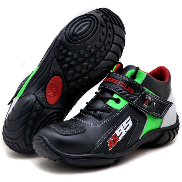 Tênis motociclista em couro legítimo AS95 nas cores preto branco e verde 403