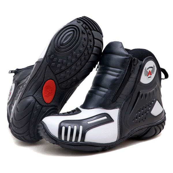 Bota motociclista Atron Shoes AS-HIGHWAY em couro legítimo semi-impermeável emborrachada nas cores branco 407