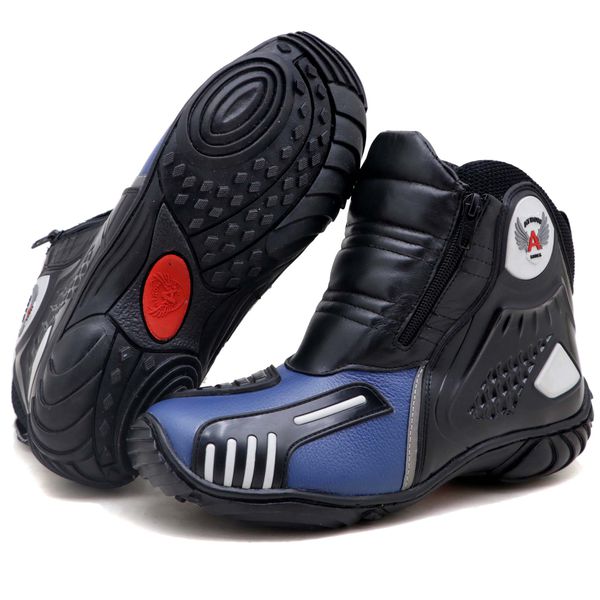 Bota motociclista Atron Shoes AS-HIGHWAY em couro legítimo semi-impermeável emborrachada na cor Azul 407