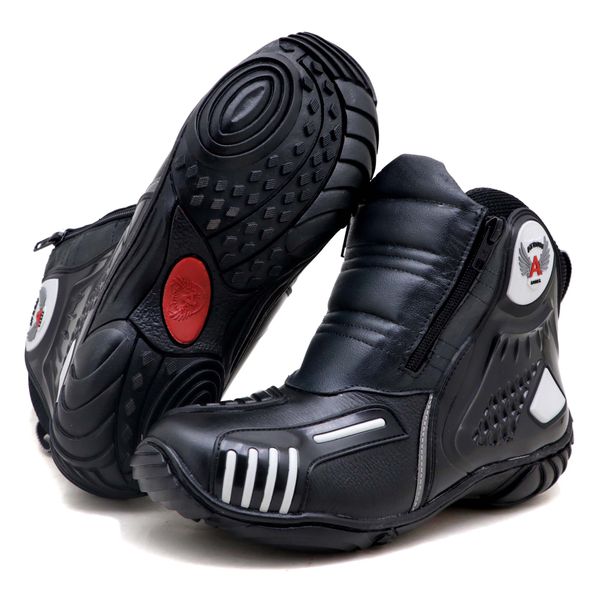 Bota motociclista Atron Shoes AS-HIGHWAY em couro legítimo semi-impermeável emborrachada na cor Preto 407