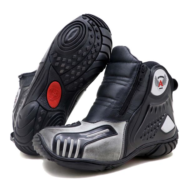 Bota motociclista Atron Shoes AS-HIGHWAY em couro legítimo semi-impermeável emborrachada na cor ASfalto 407