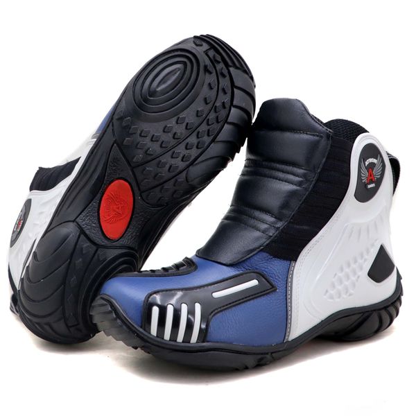 Bota motociclista Atron Shoes AS-HIGHWAY em couro legítimo semi-impermeável emborrachada Com elástico na cor Azul 408