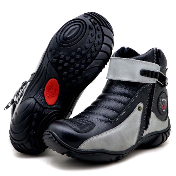 Bota motociclista em couro legítimo semi-impermeável nas cores preto e asfalto 271