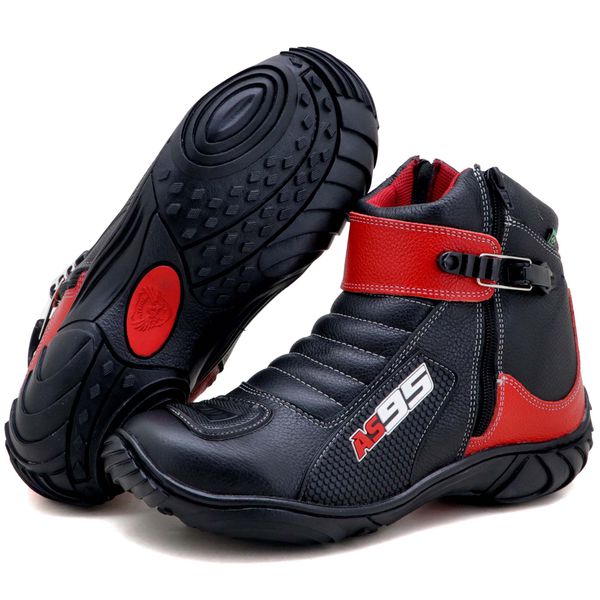 Bota Motociclista AS95 Em Couro Legítimo Nas Cores Preto e Vermelho 095
