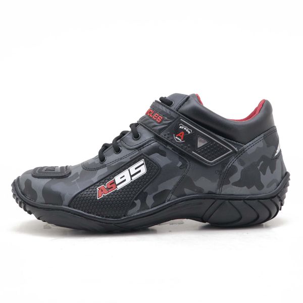 Kit chinelo Tênis motociclista AS95 camuflado cinza em couro legítimo 403