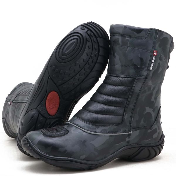 Bota motociclista cano médio semi-impermeável com refletivos nas cores cinza camuflado e preto 309