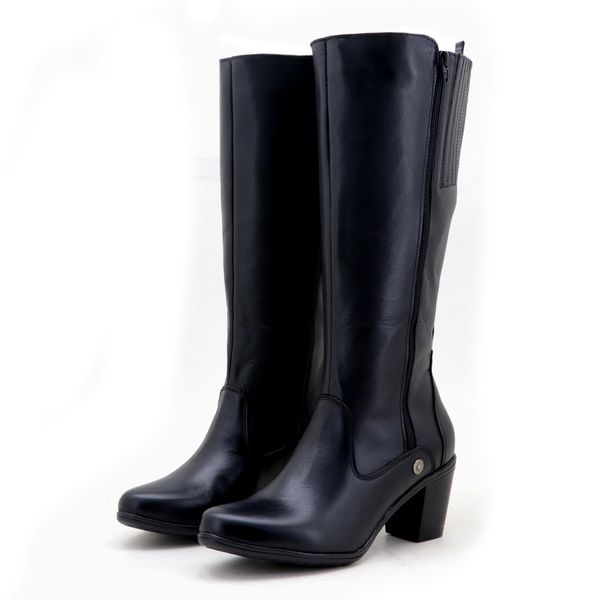 Bota cano alto Plus size com elástico ajustável de na panturrilha couro legítimo fecho com dois zíperes na cor Preta 9208