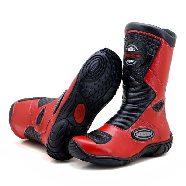 Bota motociclista cano médio couro legítimo semi-impermeável com ajuste em velcro na panturrilha nas cores vermelho/preto 420