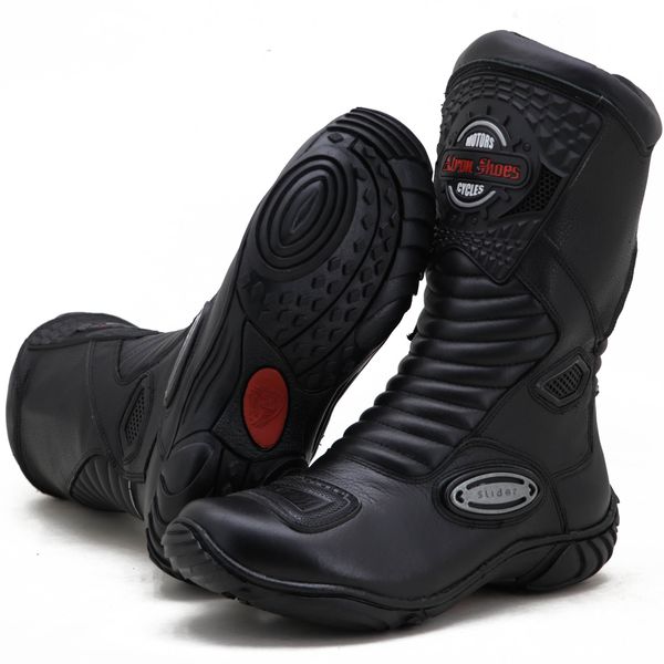 Bota motociclista cano médio couro legítimo semi-impermeável com ajuste em velcro na panturrilha na cor preta 420