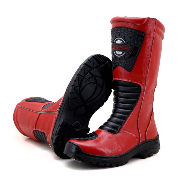 Bota motociclista cano alto resistente a água contra chuva em couro legítimo na cor vermelha 430