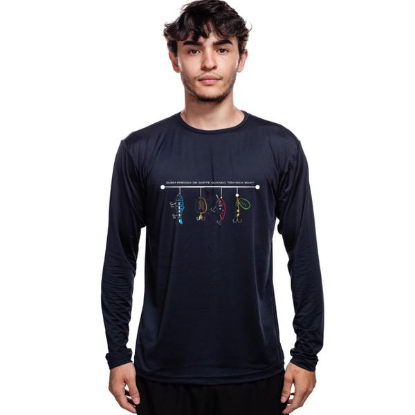 Camisa Manga Longa Masculina Dry Fit Bad Fish Isca Boa - Preto