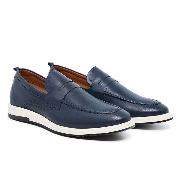 Sapato Loafer Mocassim Masculino Couro Legítimo Azul Marinho Forro de Couro Badplay