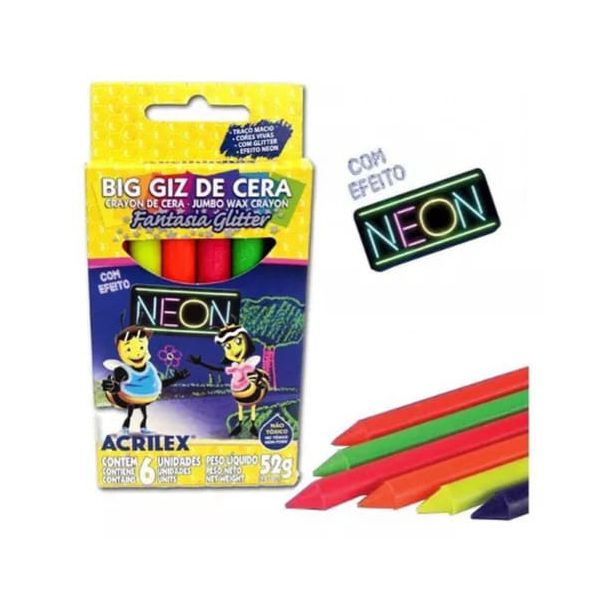 Big Giz de Cera Neon e Glitter Acrilex - Conjunto com 6 Cores