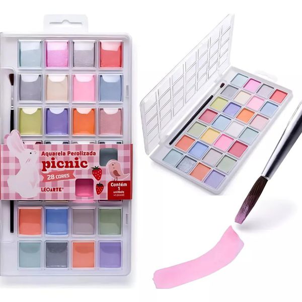 Aquarela Picnic Perolizada - Conjunto de 28 Cores + Pincel - Leoarte