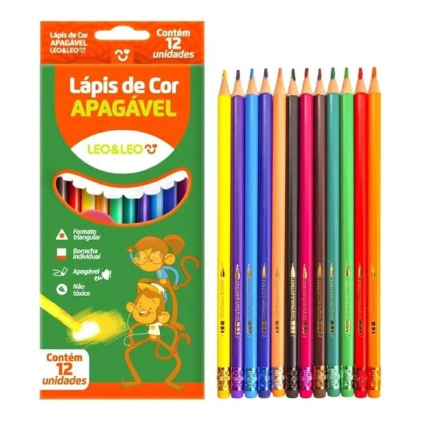 Lápis de Cor 12 Cores Resina Apagável Leo & Leo 