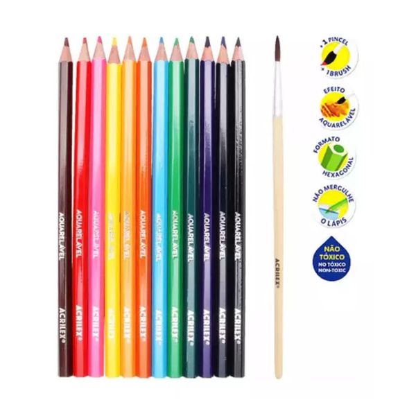 Lápis de Cor Aquarelável 12 Cores + Pincel Acrilex