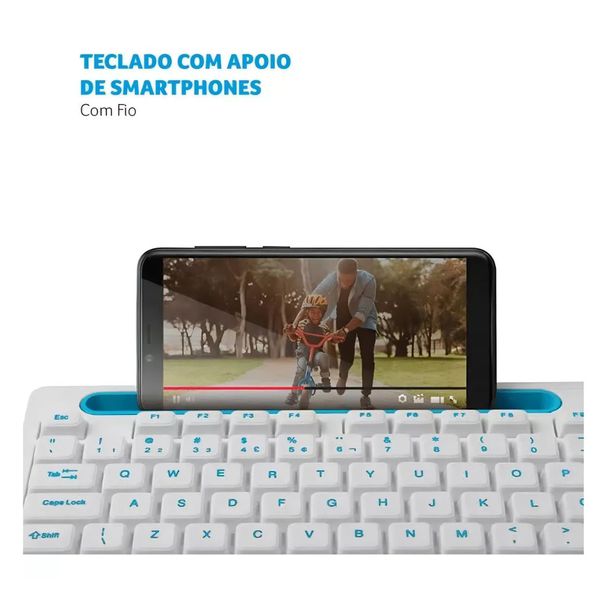 Teclado Multimídia Office TC263 USB c/ Apoio Smartphone Branco/Azul Multilaser
