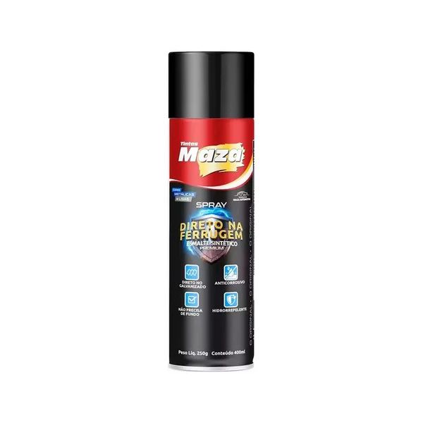Tinta Esmalte Direto Na Ferrugem Maza Spray 400ml Preto Brilhante 