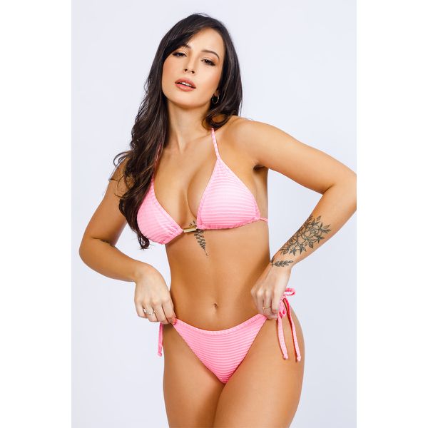 Conjunto de Biquíni Cortininha Calcinha Fio De Amarrar - Rosa Bebe