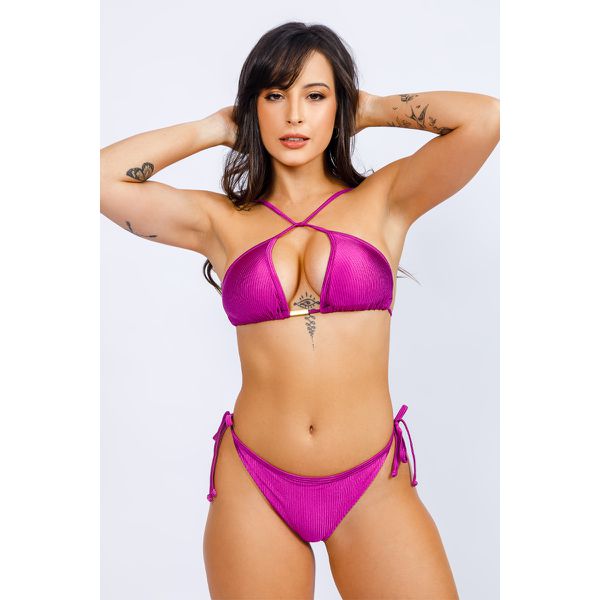 Conjunto de Biquíni Cortininha Calcinha Fio De Amarrar - Rosa