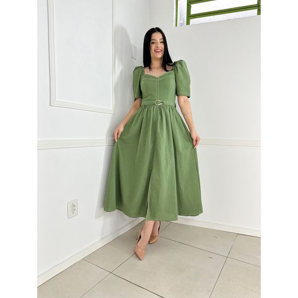 vestido linho verde militar