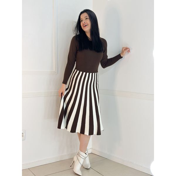 Vestido Tricô Modal Marrom/Branco