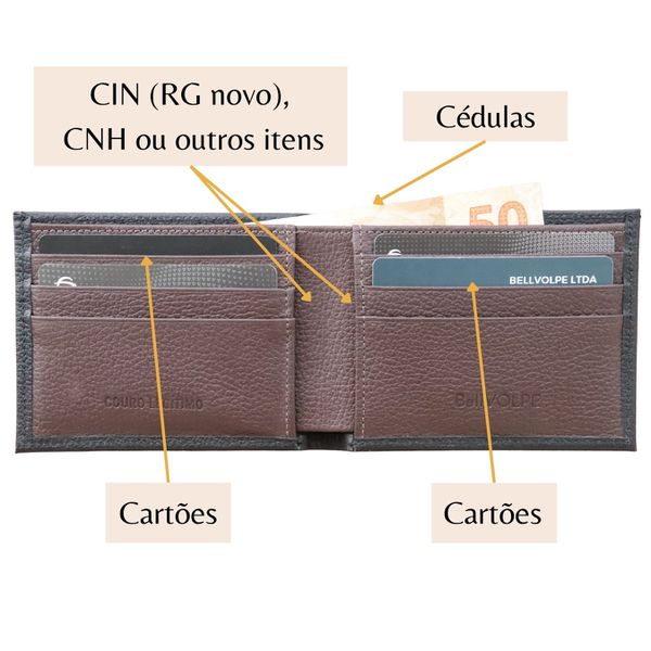 Carteira Masculina Horizontal Couro Legítimo Cor Preta e Marrom