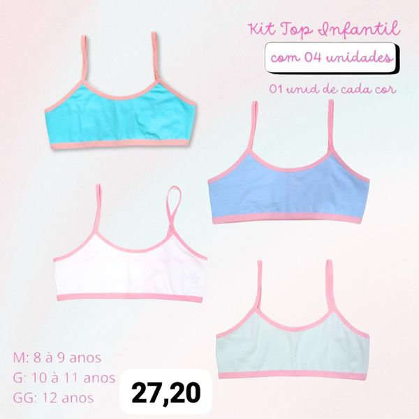 KIT TOP INFANTIL VIÉS COLORIDO COM 4 UNIDADES (CORES SORTIDAS - 1 DE CADA COR) 