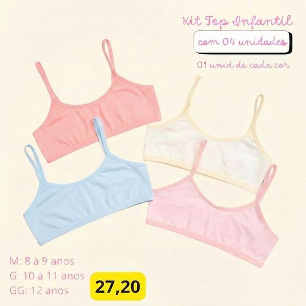 KIT TOP INFANTIL VIÉS MESMA COR COM 4 UNIDADES (CORES SORTIDAS - 1 DE CADA COR)