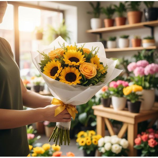 Buque com 3 girassol e 5 rosas amarelas