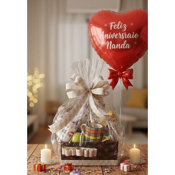 Cesta De Café Com Flores e Caneca