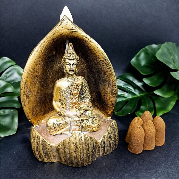 Incensário Cascata Gruta Buda Hindu Meditando + 5 incensos cone de Brinde.