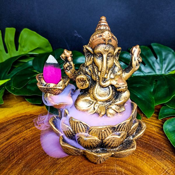 Incensário Cascata Flor de Lótus Ganesha + 5 incensos cone de Brinde.