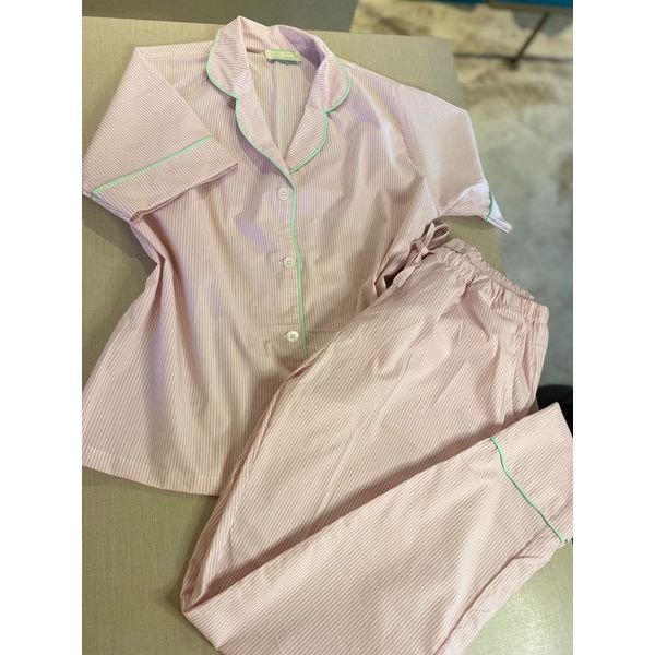 Conjunto Calça e Manga curta Listrado Fino Rosa bebê e Branco