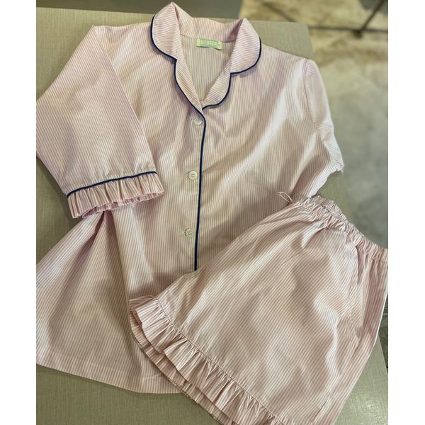 Conjunto Curto Babadinho Listrado Rosa e Branco