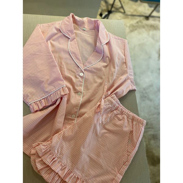 Conjunto Curto Babadinho Listrado Fino Rosa e Branco
