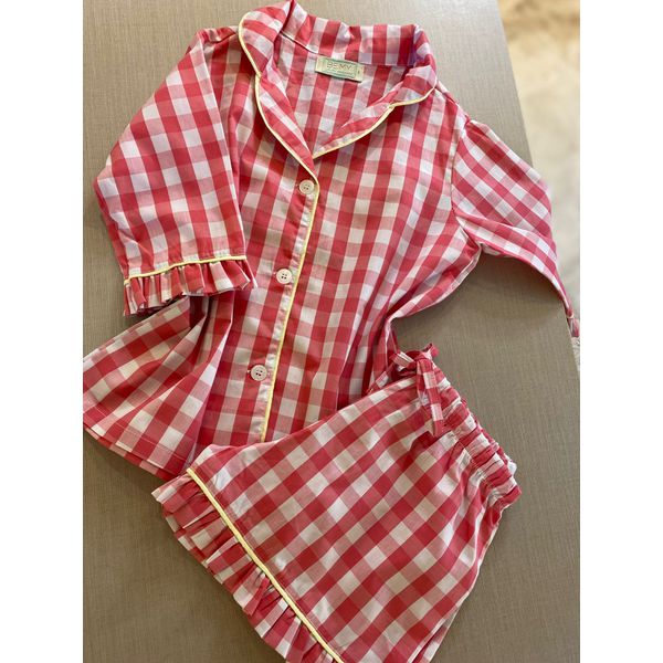 Conjunto Curto Babadinho Xadrez Vermelho Tomate