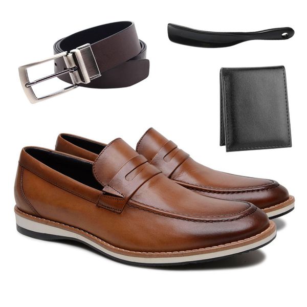 kit Sapato Casual Elias Damasco + Cinto Dupla Face + Carteira + Calçadeira 