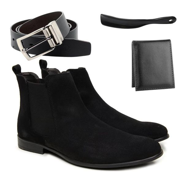 kit Bota Chelsea de Camurça Preto + Cinto Dupla Face + Carteira + Calçadeira 