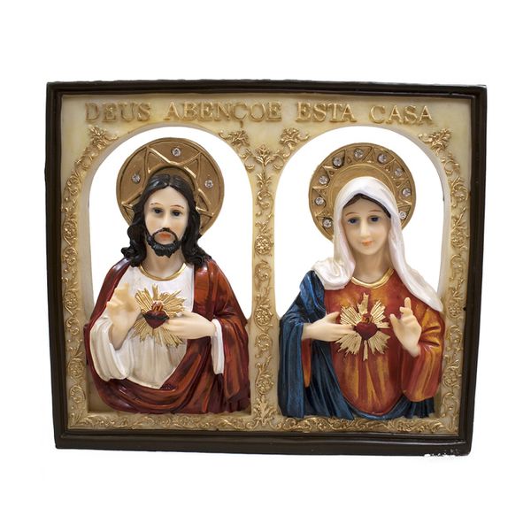 Quadro Sagrado Coração de Jesus e Maria - Enfeite resina 25 cm